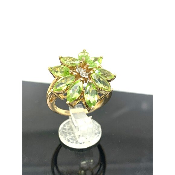Green Gemstone Diamond Floral Cocktail Ring 14k Yellow Gold Womens Estate Size 7 - Picture 3 of 15
